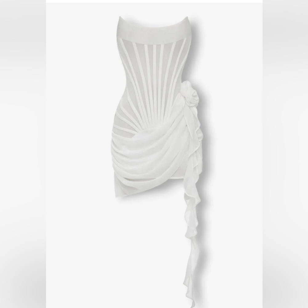 HEIRESS WHITE CHIFFON MESH CORSET FLOWER DRAPE MINI DRESS